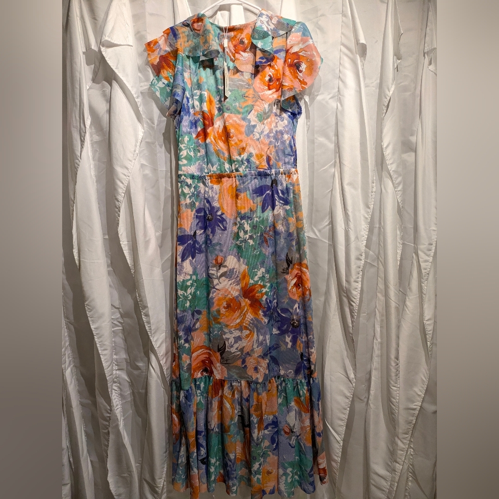 C5 Spense Floral Ruffle Hem Midi Dress - Blue & Orange Print - Size XL